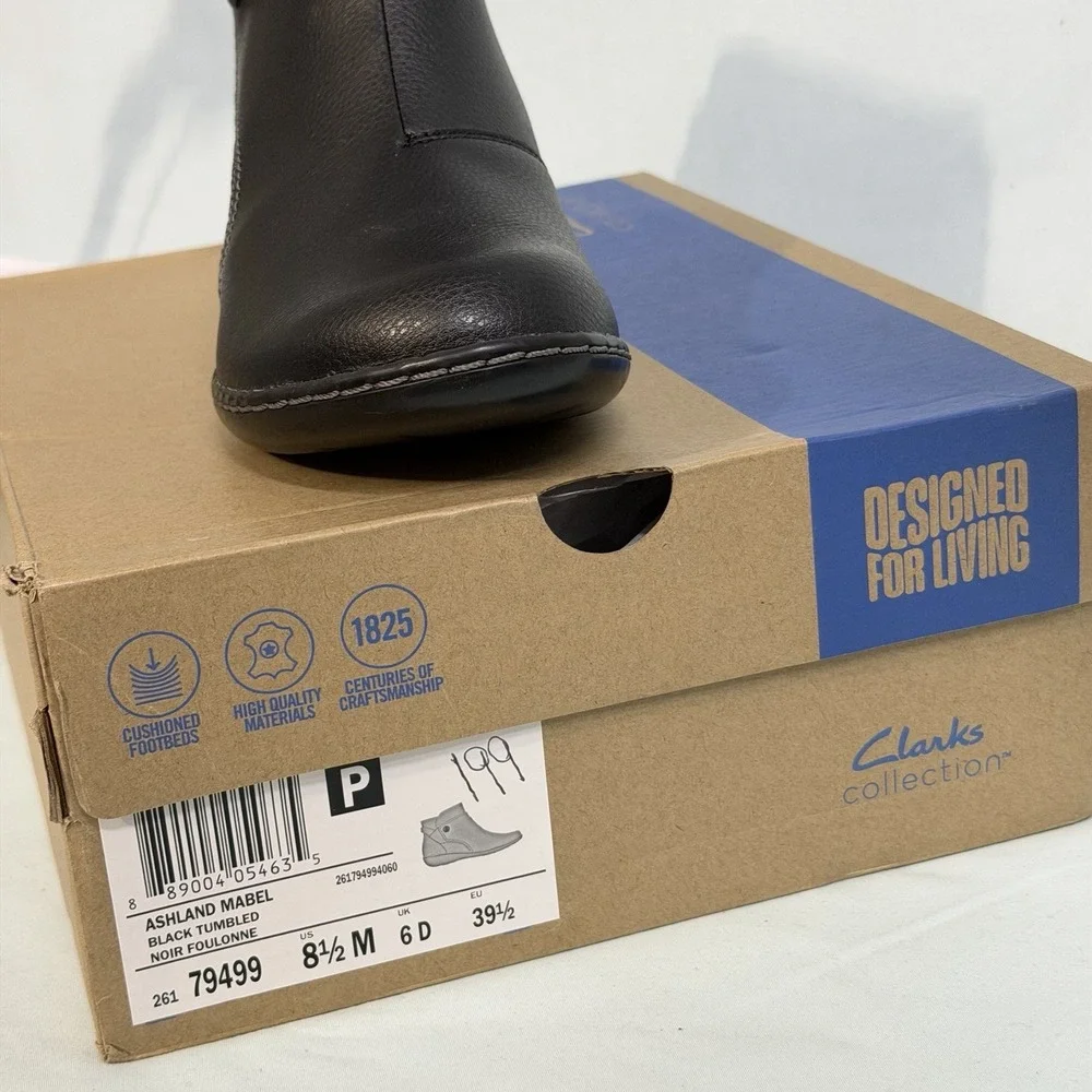 Clarks Collection‎ Size-8.5M Women Ashland Mabel Boot, Black Tumbled Leather